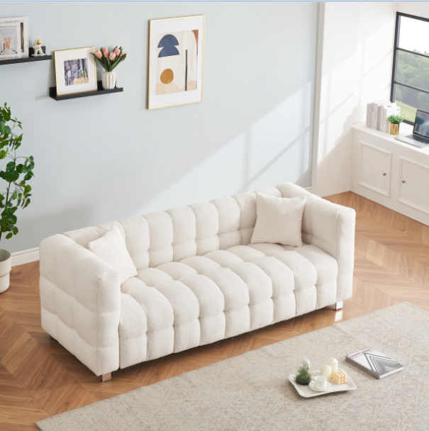 Beige White Teddy Plush Sofa – 80 Inch