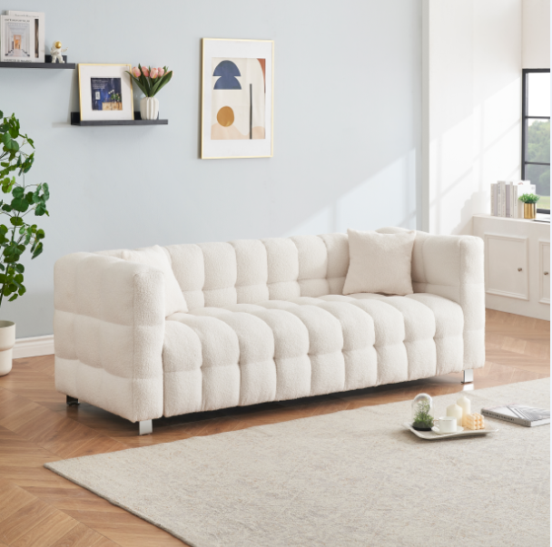 Beige White Teddy Plush Sofa – 80 Inch