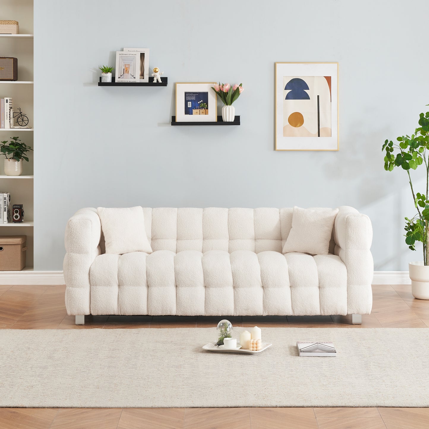 Beige White Teddy Plush Sofa – 80 Inch