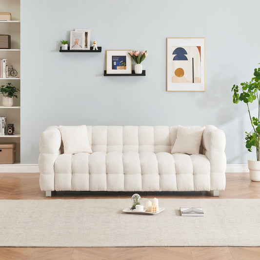 Beige White Teddy Plush Sofa – 80 Inch