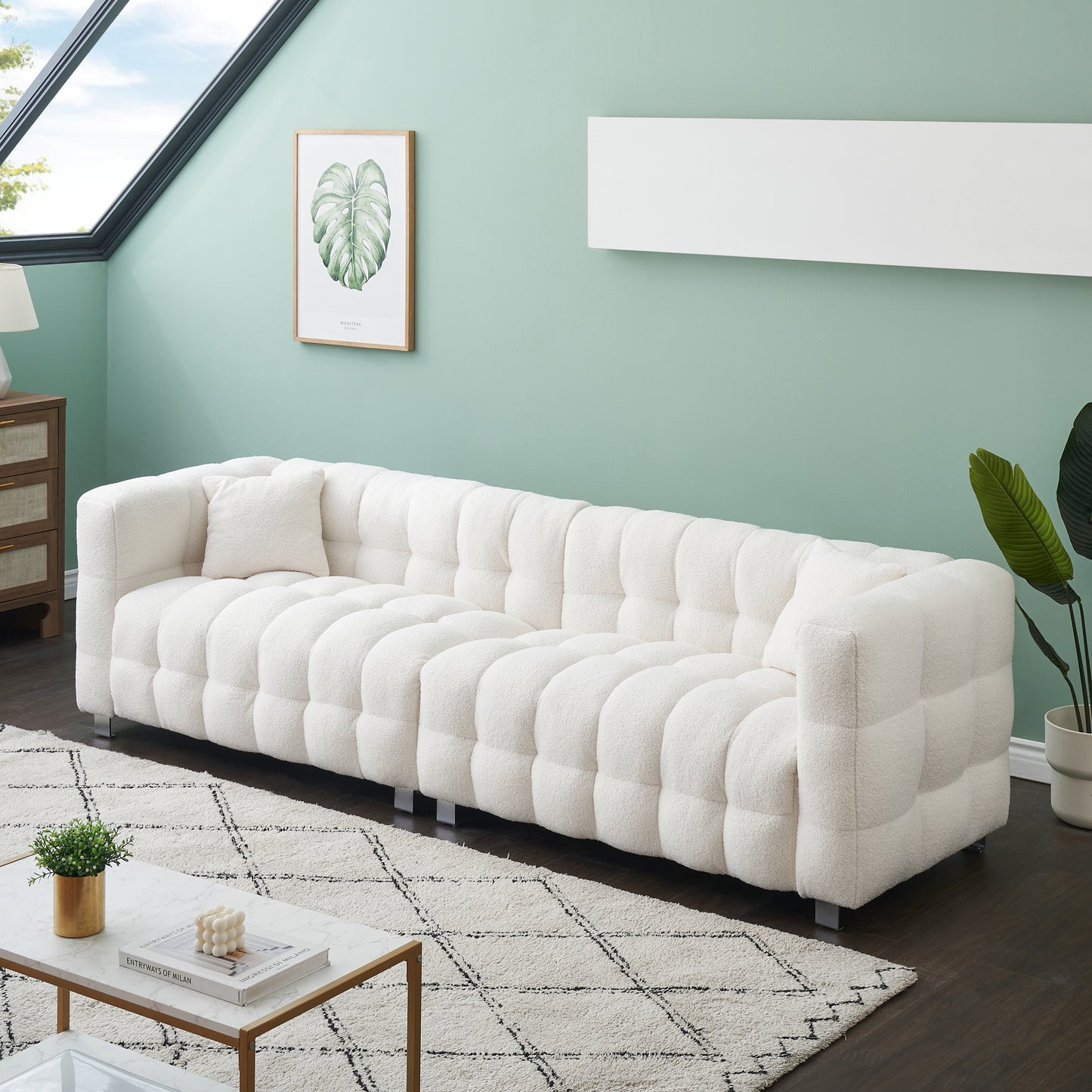 Spacious 102” Beige Teddy Fleece Sofa