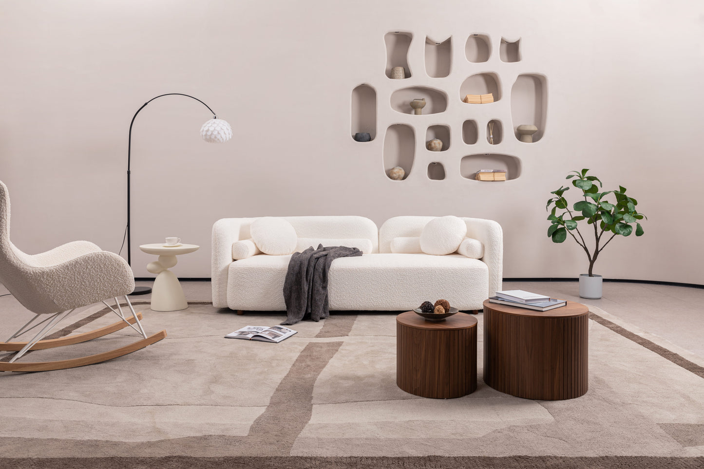 Luxury White Boucle Fleece Upholstered Comfy Couch
